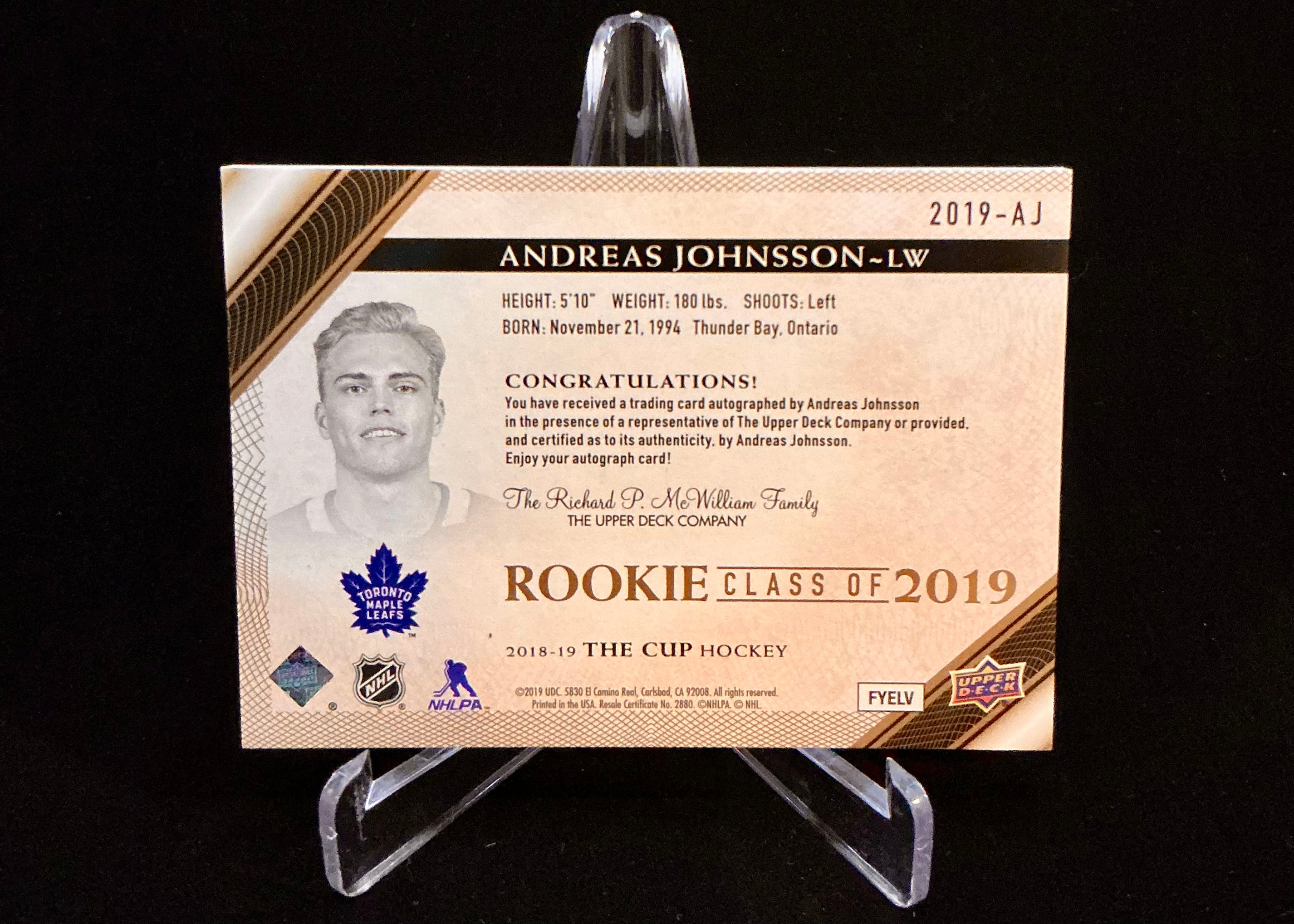 2018-2019 The Cup Rookie Class of 2019 Andreas Johnsson Gold Foil Auto 75