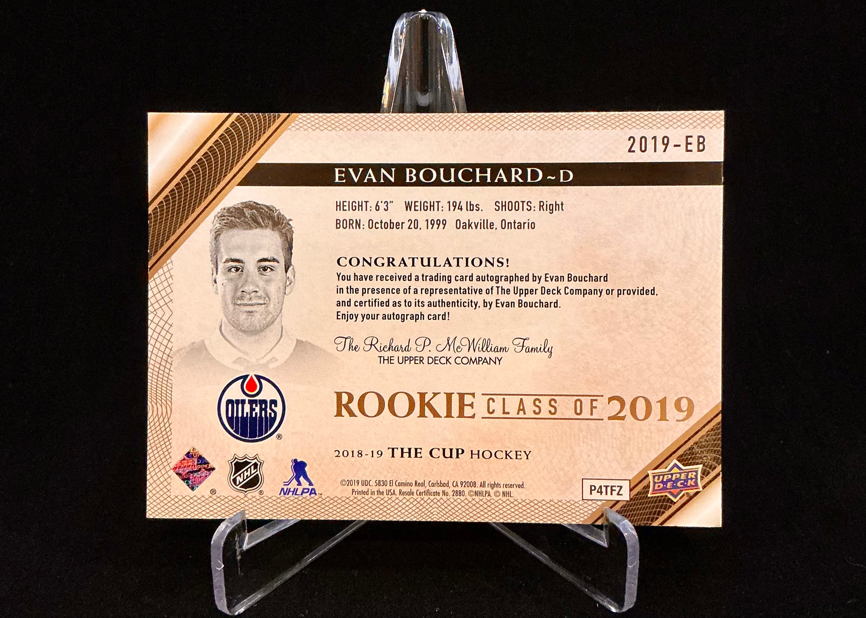 2018-2019 The Cup Rookie Class of 2019 Evan Bouchard Gold Foil Auto /75