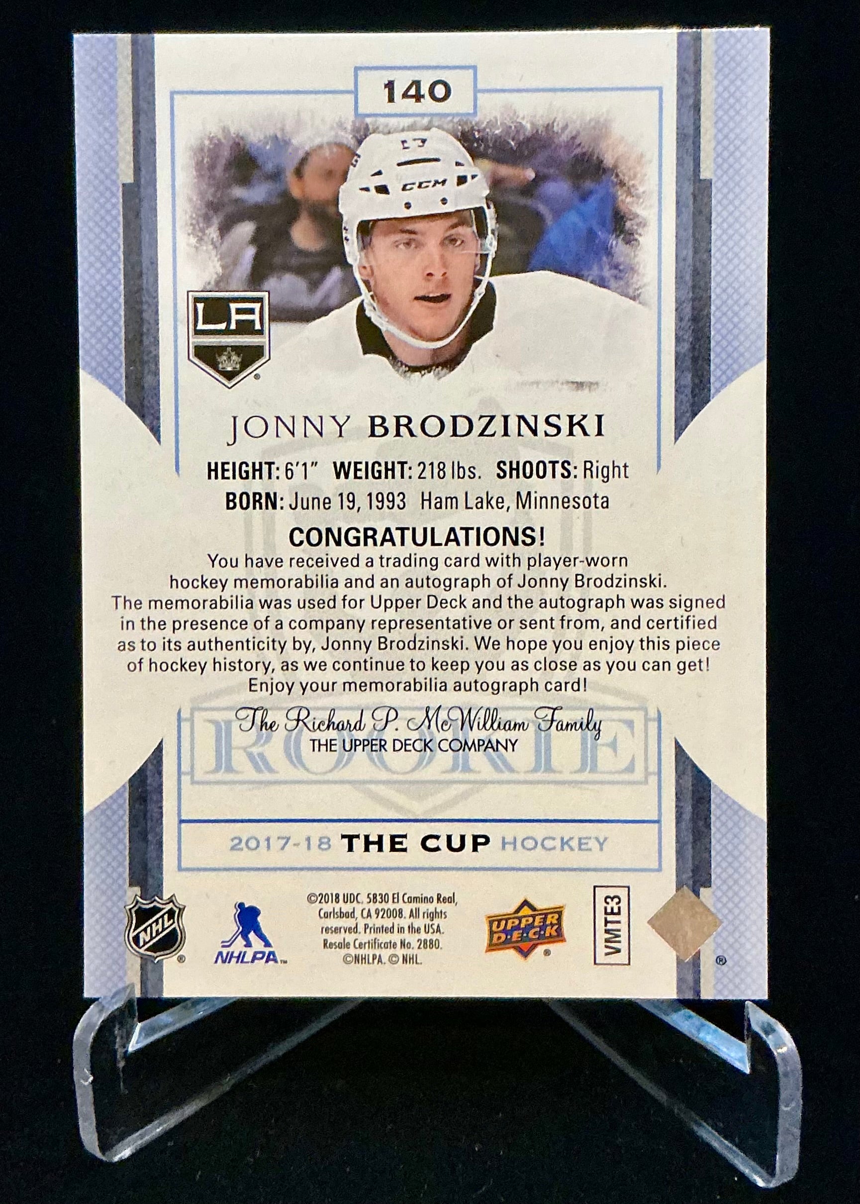 2017-2018 The Cup Rookie Auto Patch Gold Spectrum Jonny Brodzinski #140 /24