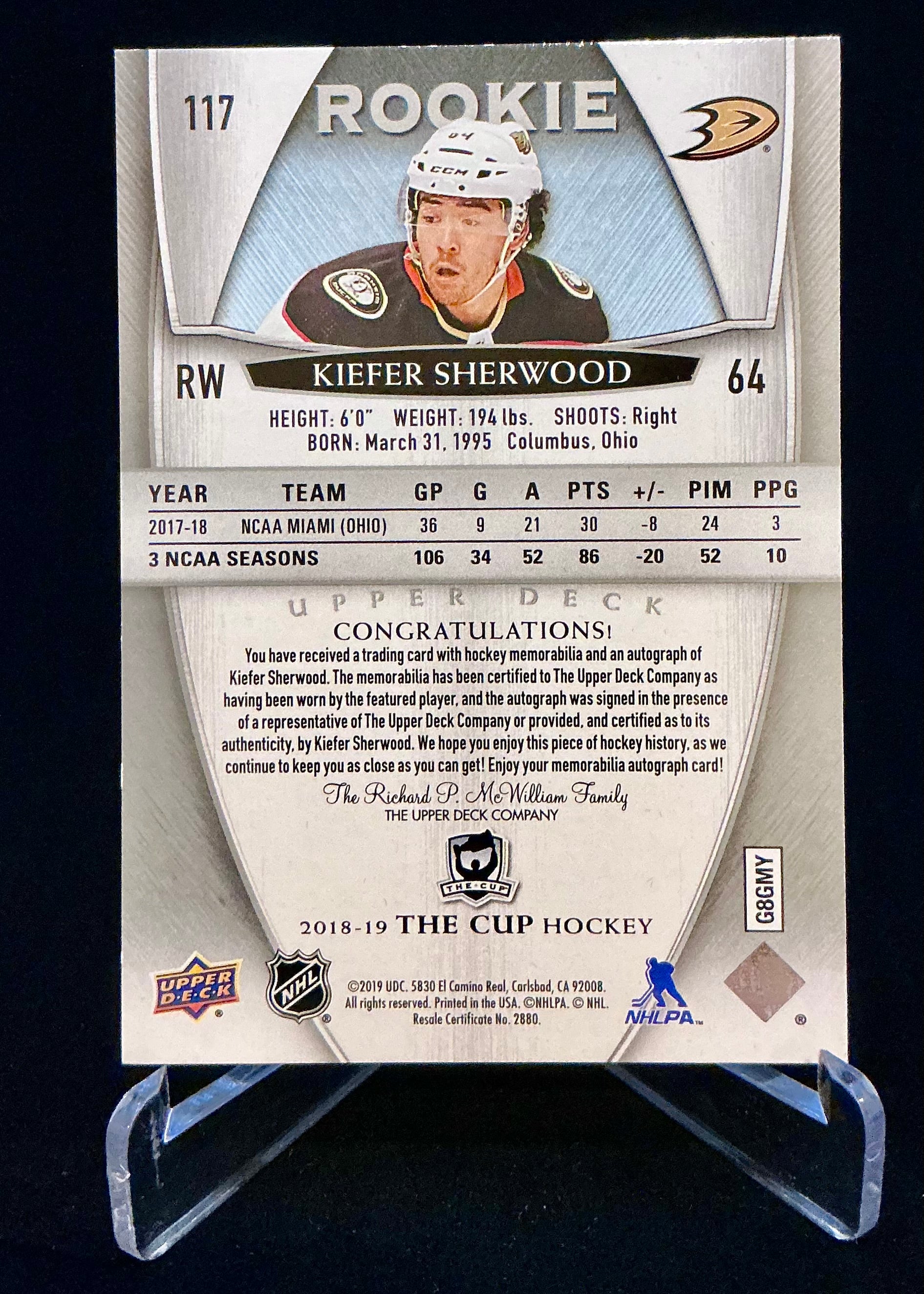 2018-2019 The Cup Rookie Auto Patch Kiefer Sherwood #117 /249