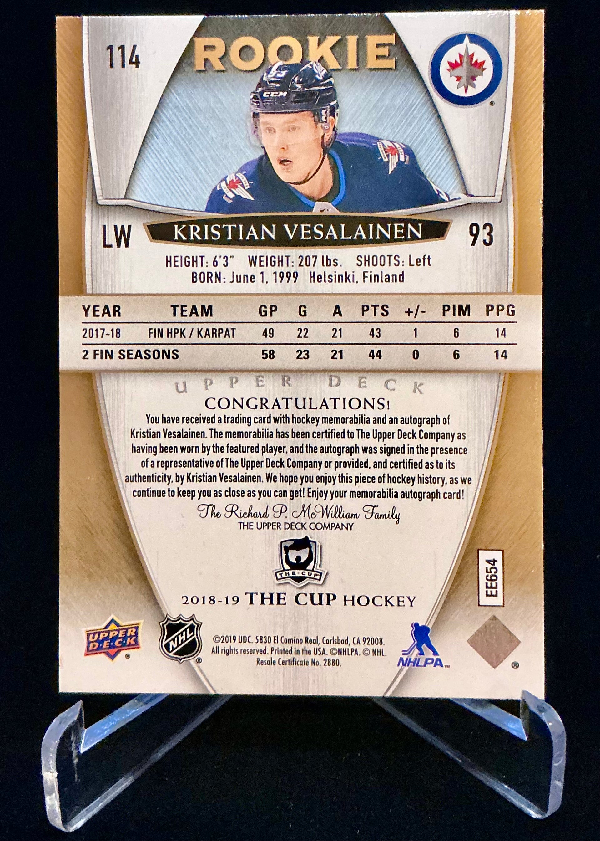 2018-2019 The Cup Rookie Auto Patch Gold Spectrum Kristian Vesalainen /24