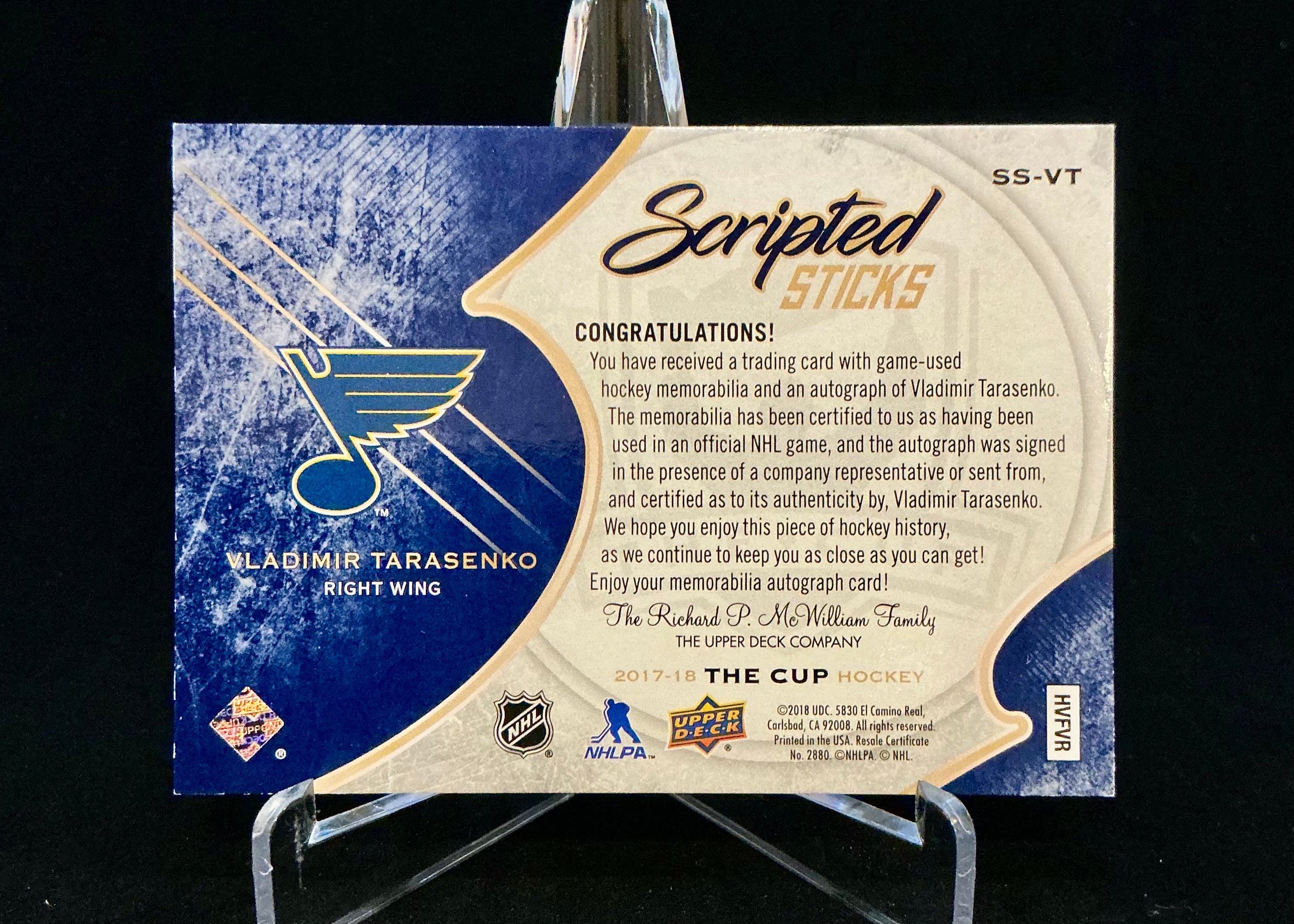 2017-2018 The Cup Scripted Sticks Vladimir Tarasenko AUTO SS-VT /35