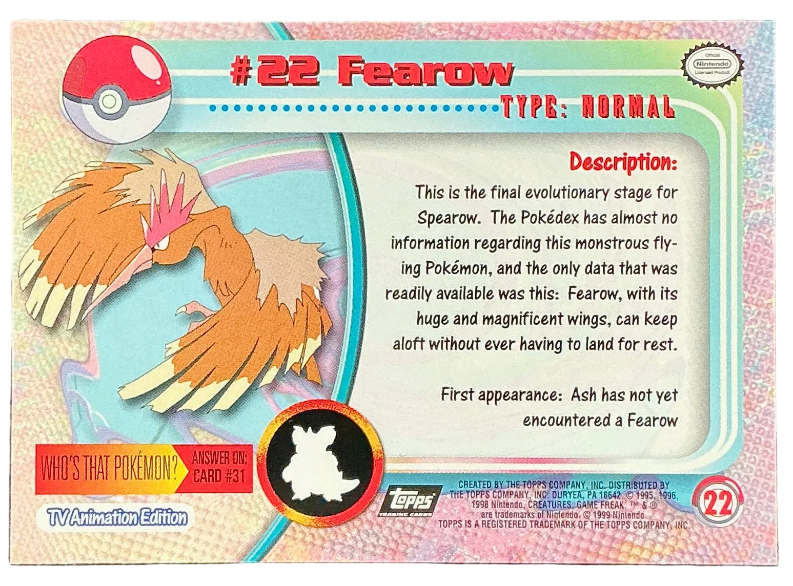 Pokémon Topps Fearow #22 Series 1 (Black Logo)