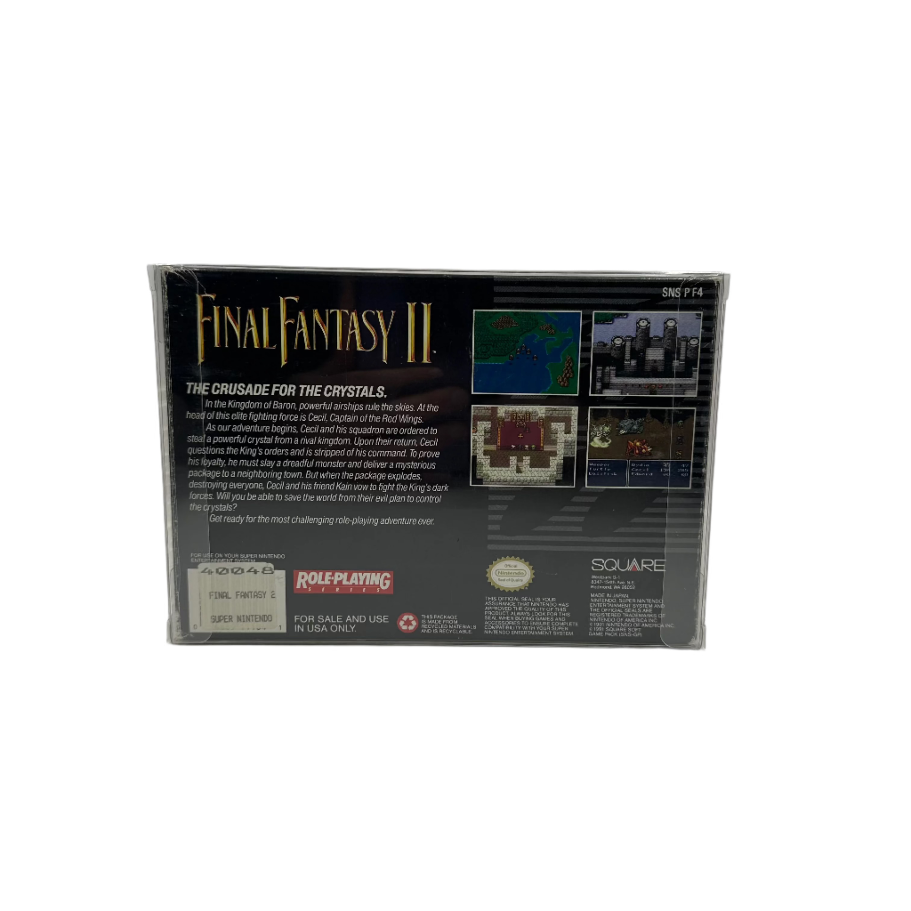 Back of Final Fantasy II game box for Super Nintendo on a transparent background.
