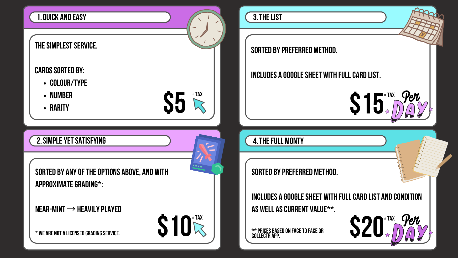 Details of the four sorting options for card bulk ranging from simple sorting based on colour or rarity, all the way up to a detailed list with a google sheet and pricing based on the most trusted websites according to condition.