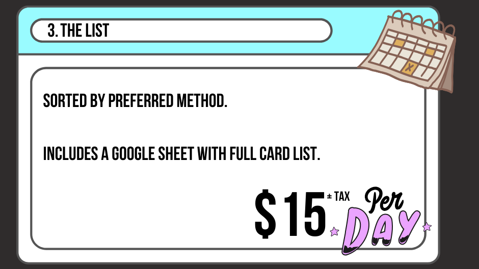 Graphic detailing options for card sorting service based on preferred method and including a google sheet with full card list