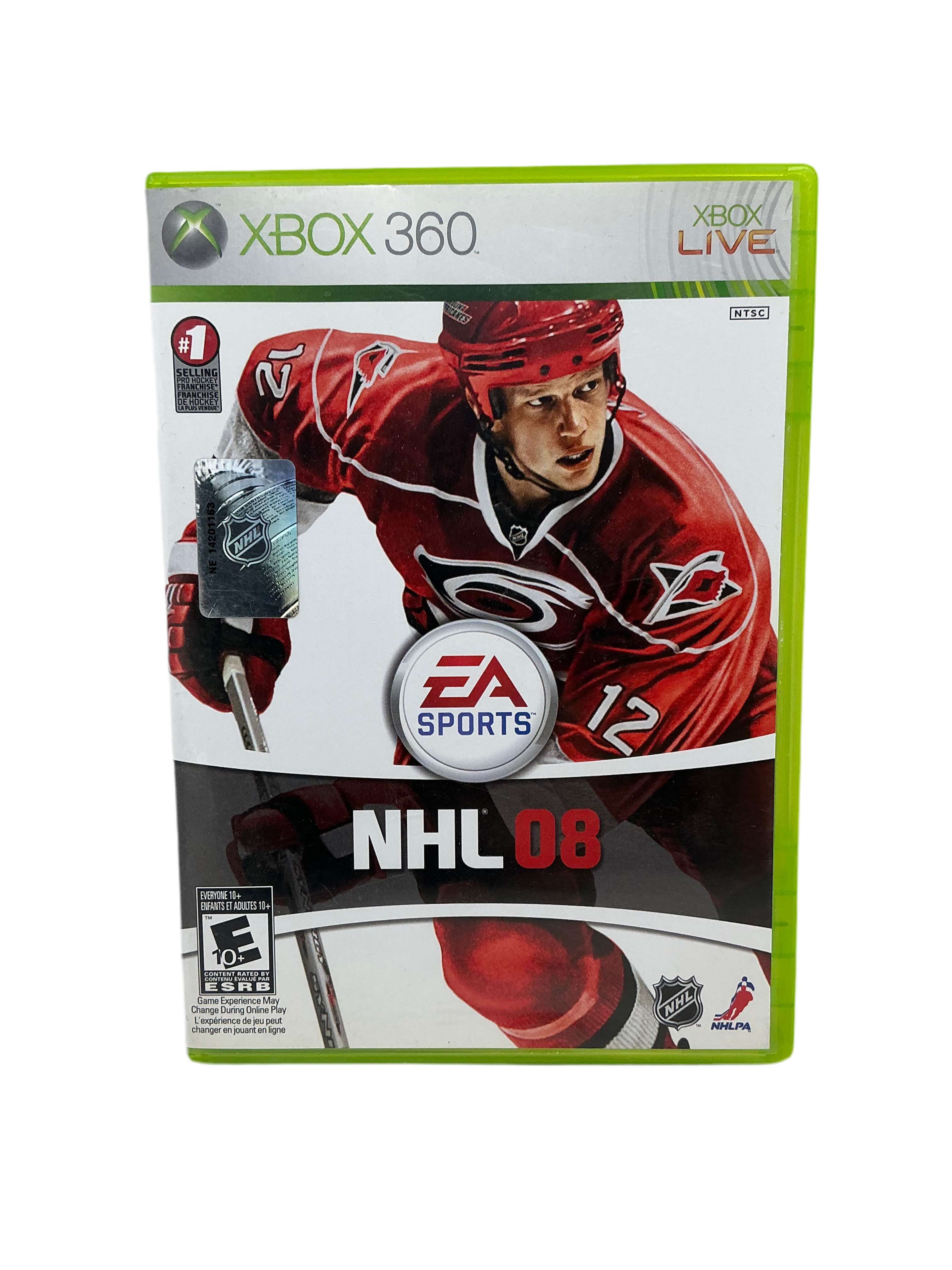 Front cover of the NHL 08 game disc for XBox 360 on a transparent background.