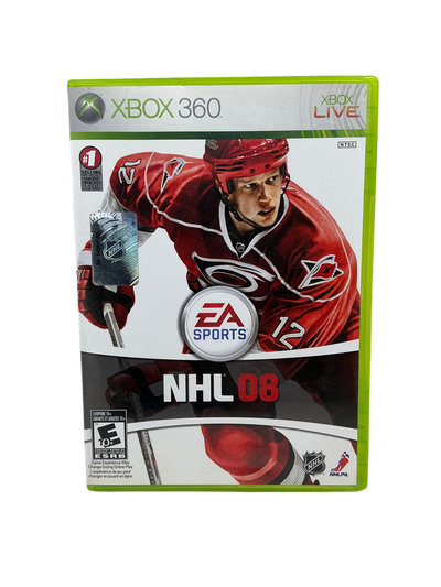 Front cover of the NHL 08 game disc for XBox 360 on a transparent background.
