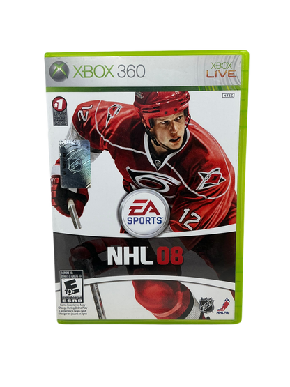 Front cover of the NHL 08 game disc for XBox 360 on a transparent background.