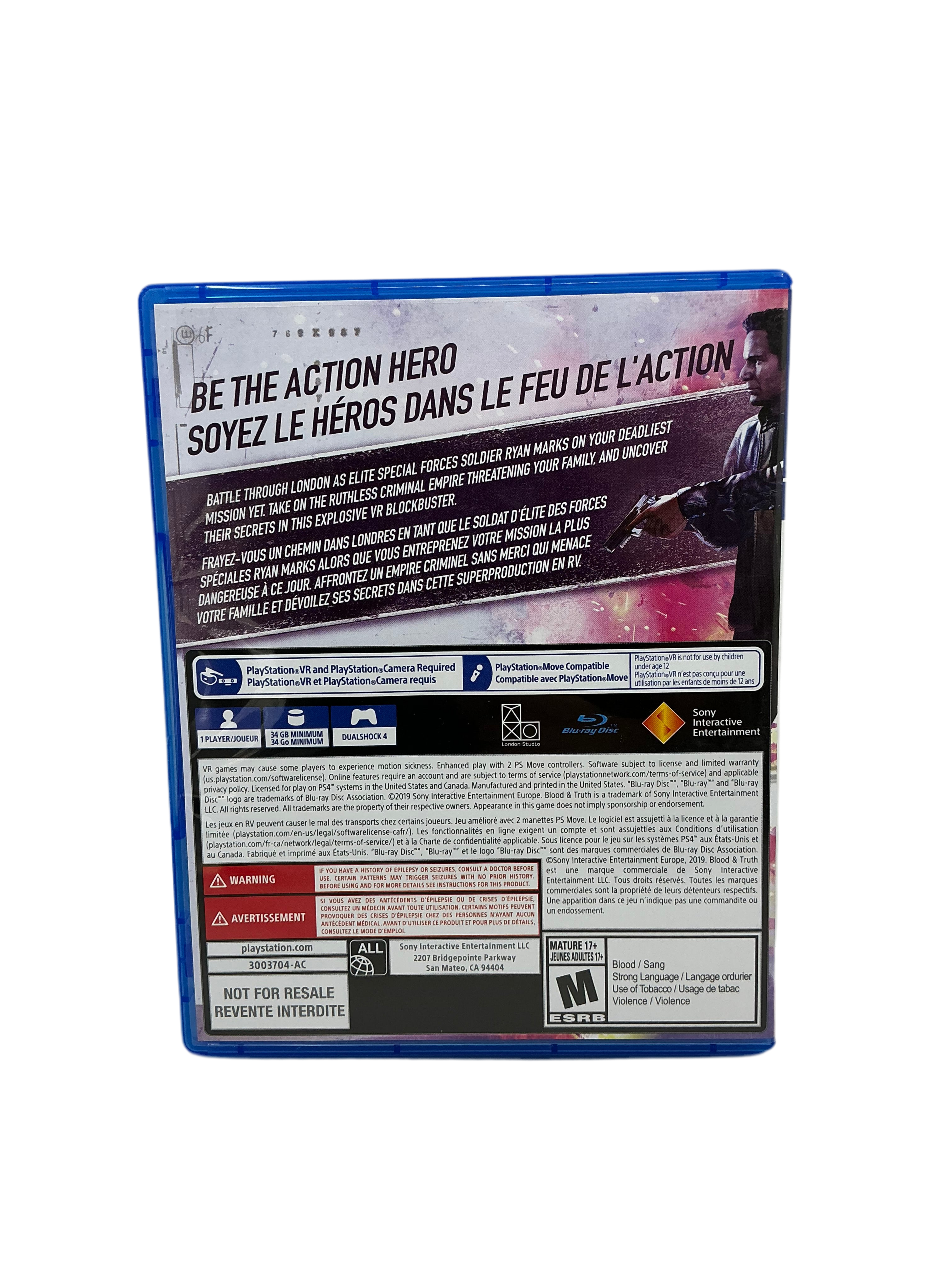 Back cover of Blood & Truth video game case with text and logos on a white background