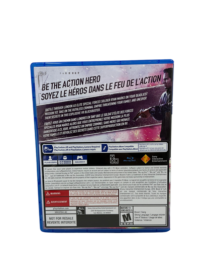 Back cover of Blood & Truth video game case with text and logos on a white background