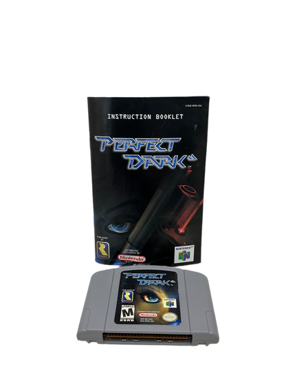 Game manual and cartridge for Perfect Dark. Manual has some visible damage on the bottom edge. Cartridge appears clean.