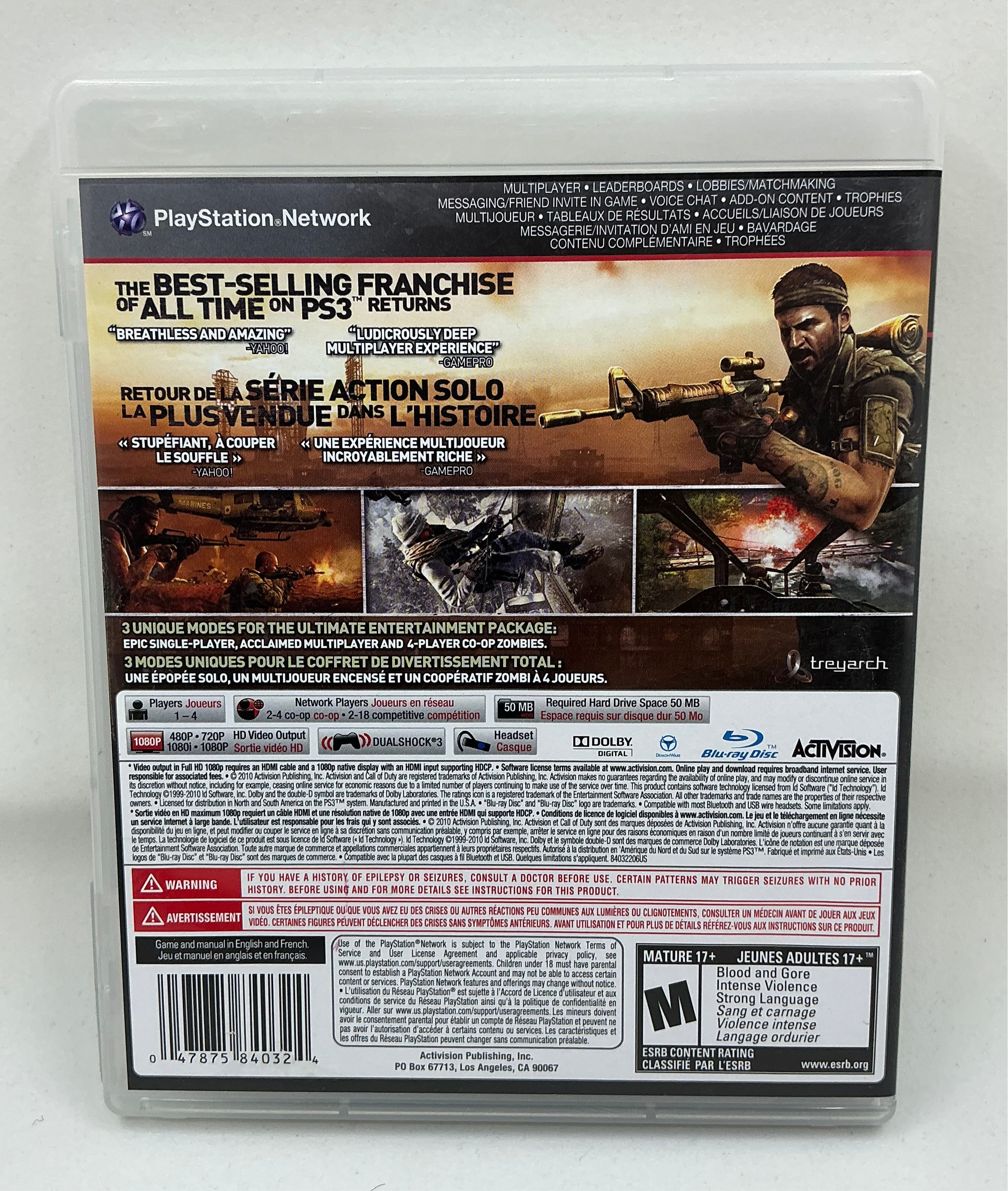 Back of Call of Duty Black Ops game console cover with action scene and text on a white background