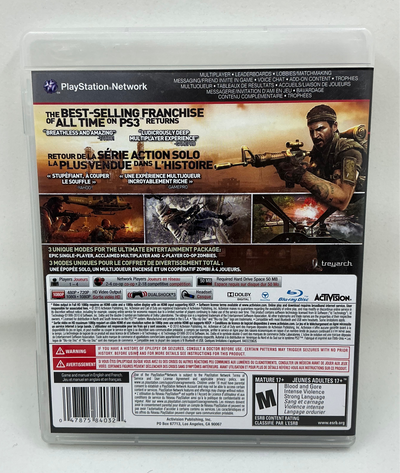 Back of Call of Duty Black Ops game console cover with action scene and text on a white background