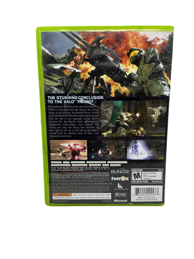 Back cover of Halo 3 game case for XBox 360 on a transparent background.