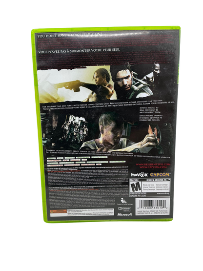 Back of Resident Evil 5 game cover with characters and text on a white background