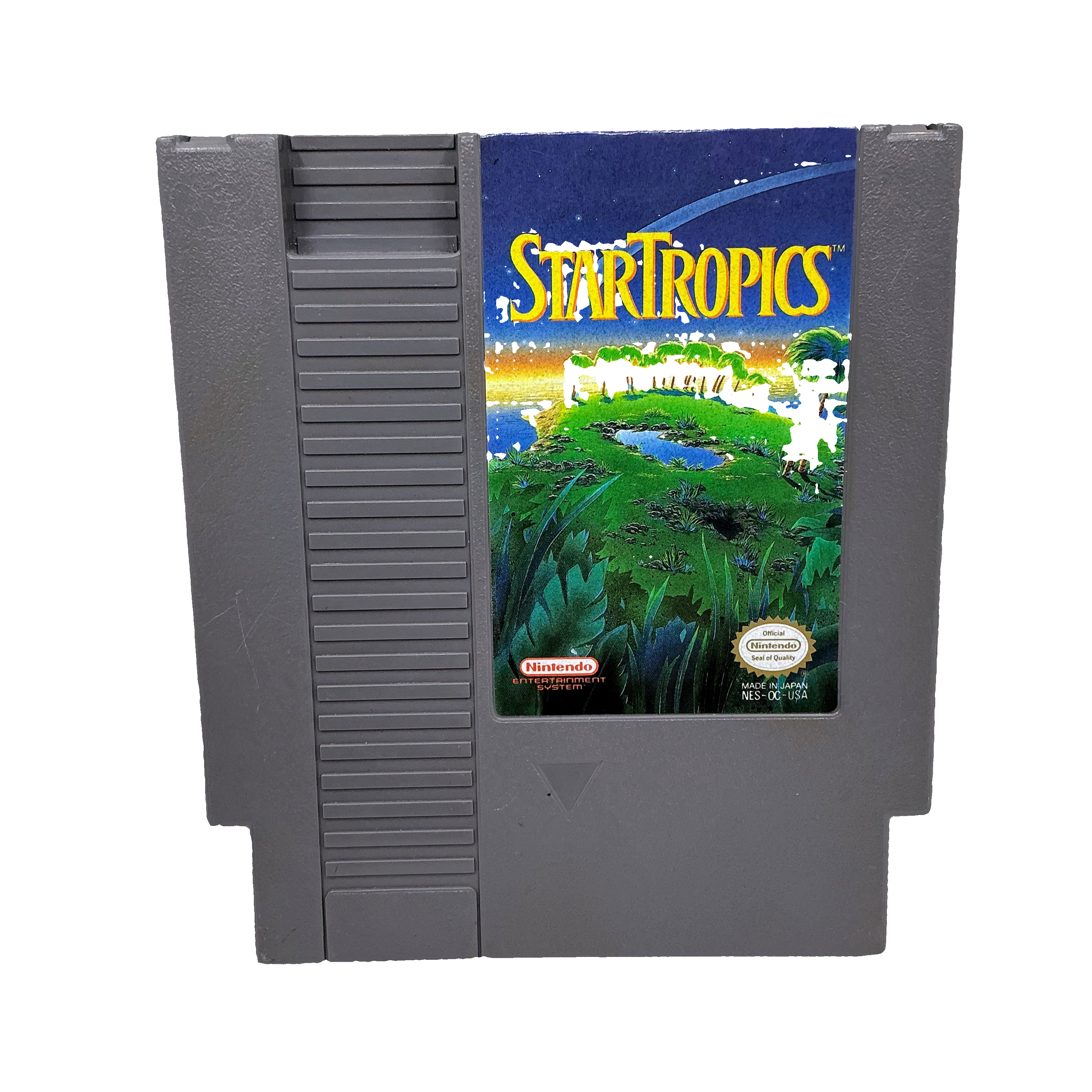 Nintendo Entertainment System game cartridge for 'StarTropics' with a tropical island cover.