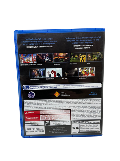 Back cover of a PlayStation VR demo disc with images and text on a white background