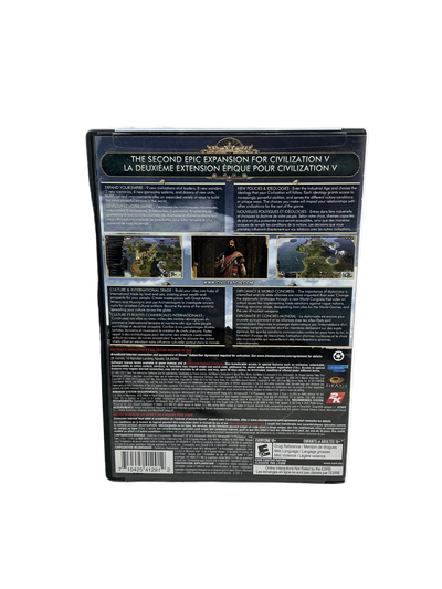 Back cover of a video game expansion pack for Civilization V on a white background.
