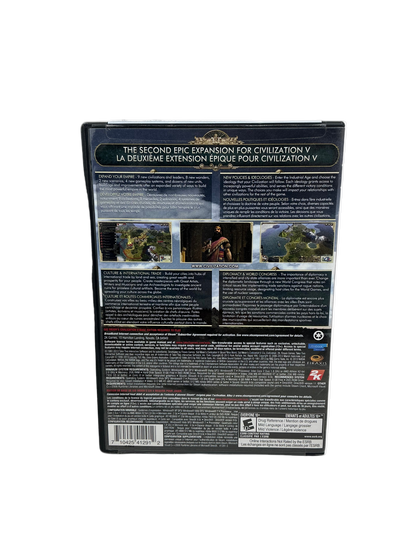 Back cover of a video game expansion pack for Civilization V on a white background.