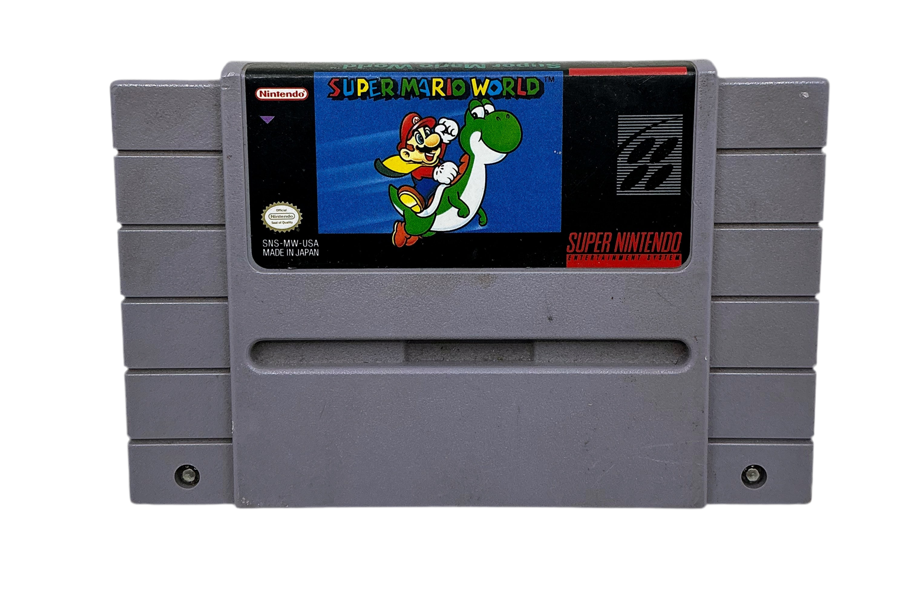 Super Nintendo Entertainment System game cartridge with 'Super Mario World' on the screen