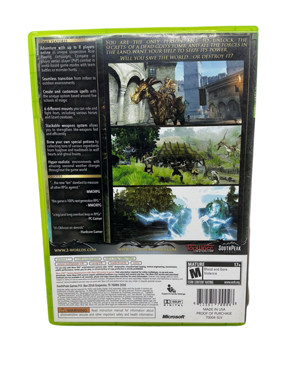 Back view of Two Worlds video game box with graphics and text on a transparent background