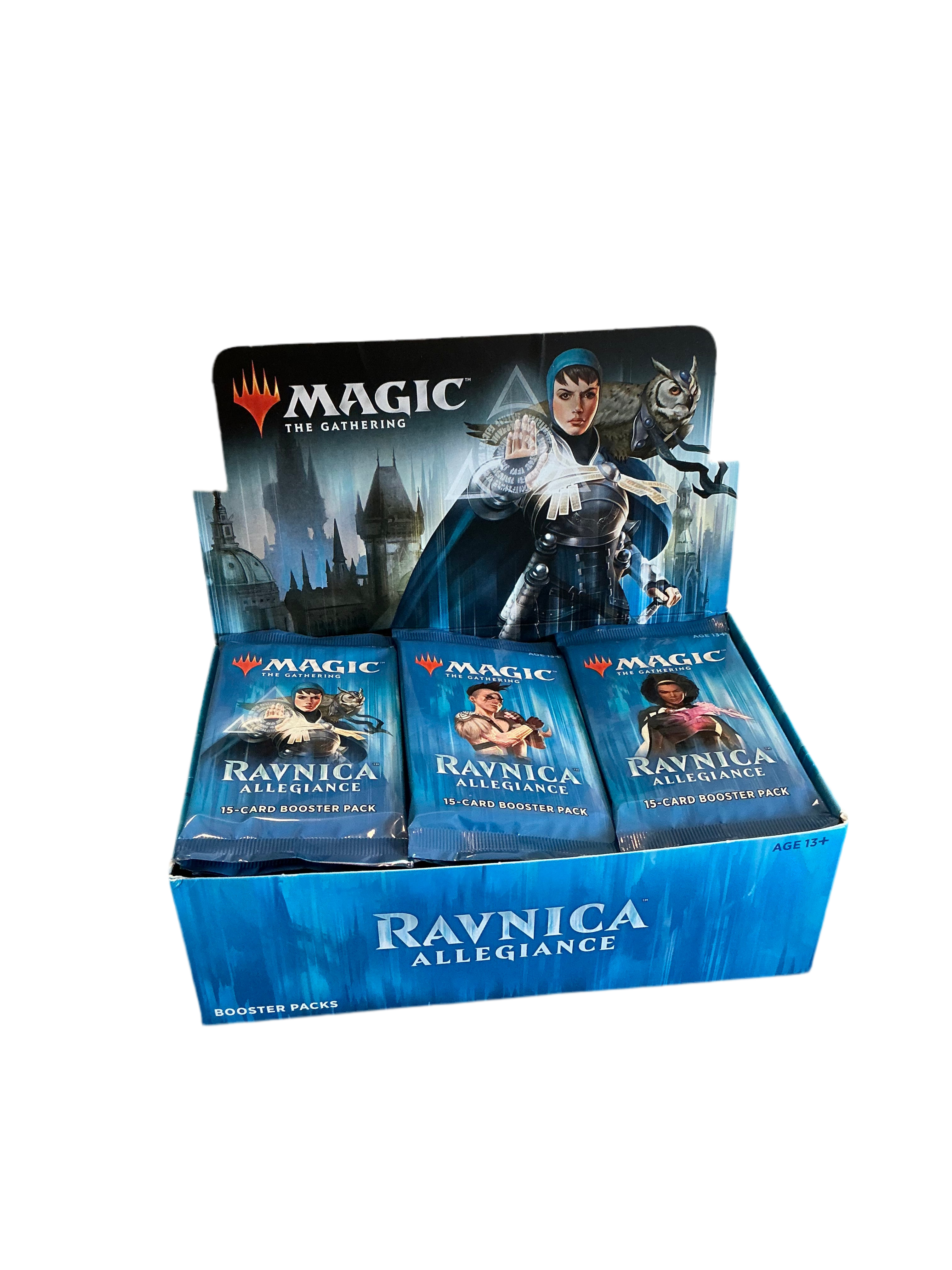 An open booster box of Magic the Gathering Ravnica™ Allegiance showing off a full set of booster packs with different pack art.