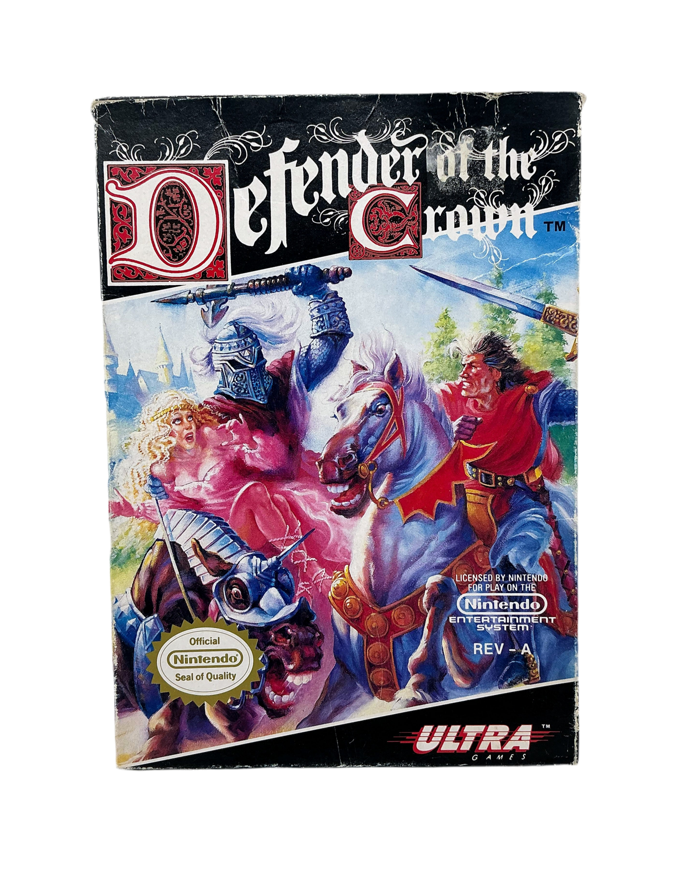 Front cover of vintage cartridge case for Defender of the Crown for classic Nintendo. Shows some edgewear and corner damage.