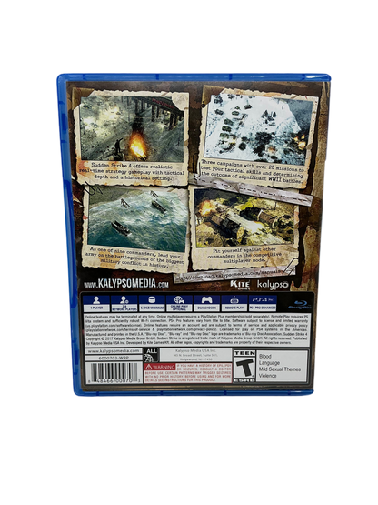 Back cover of a Sudden Strike 4 video game case with images and text on a transparent background