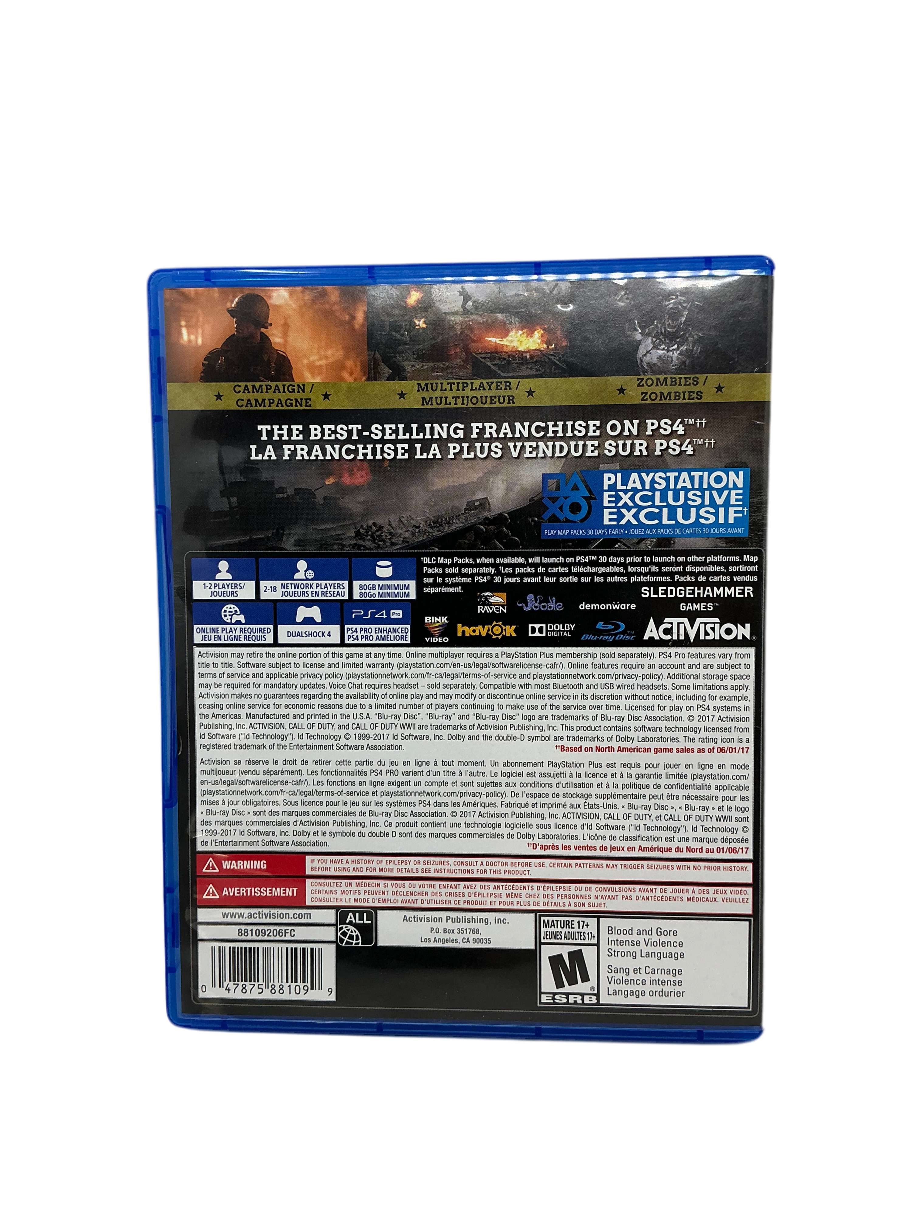 Back cover of a video game case with branding and text on a white background