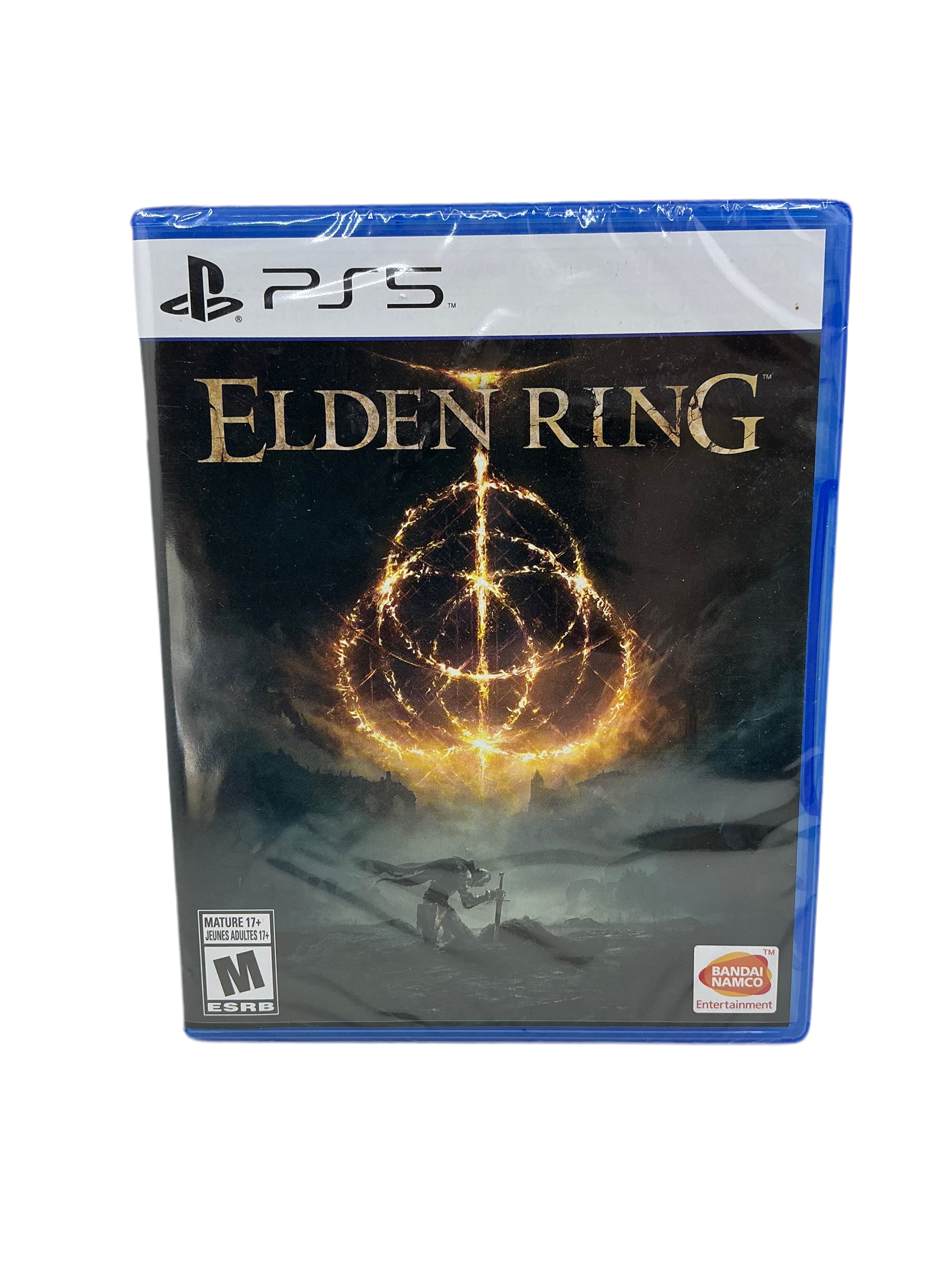 Front cover of Elden Ring video game box for Playstation 5 on a transparent background.