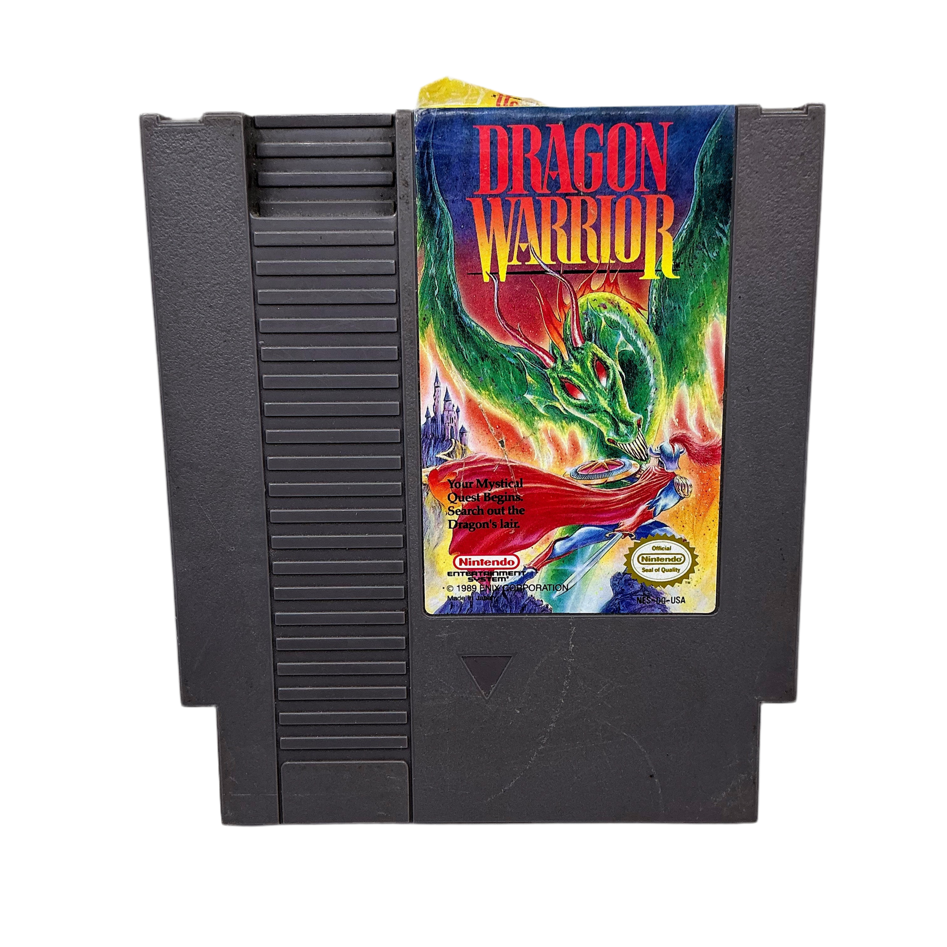 Front of loose game cartridge for classic Nintendo game Dragon Warrior on a transparent background.
