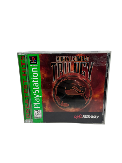 Mortal Kombat Trilogy game case for PlayStation on a white background