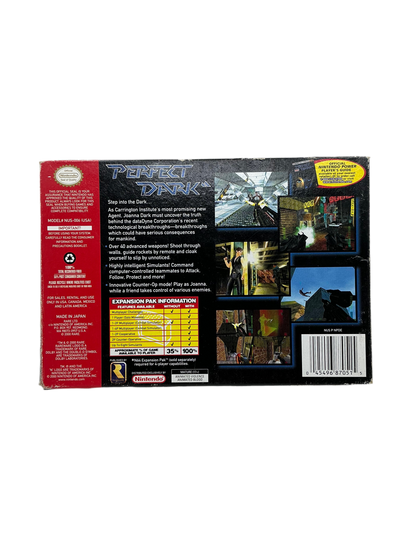 Back of video game box for 'Perfect Dark' on a white background.