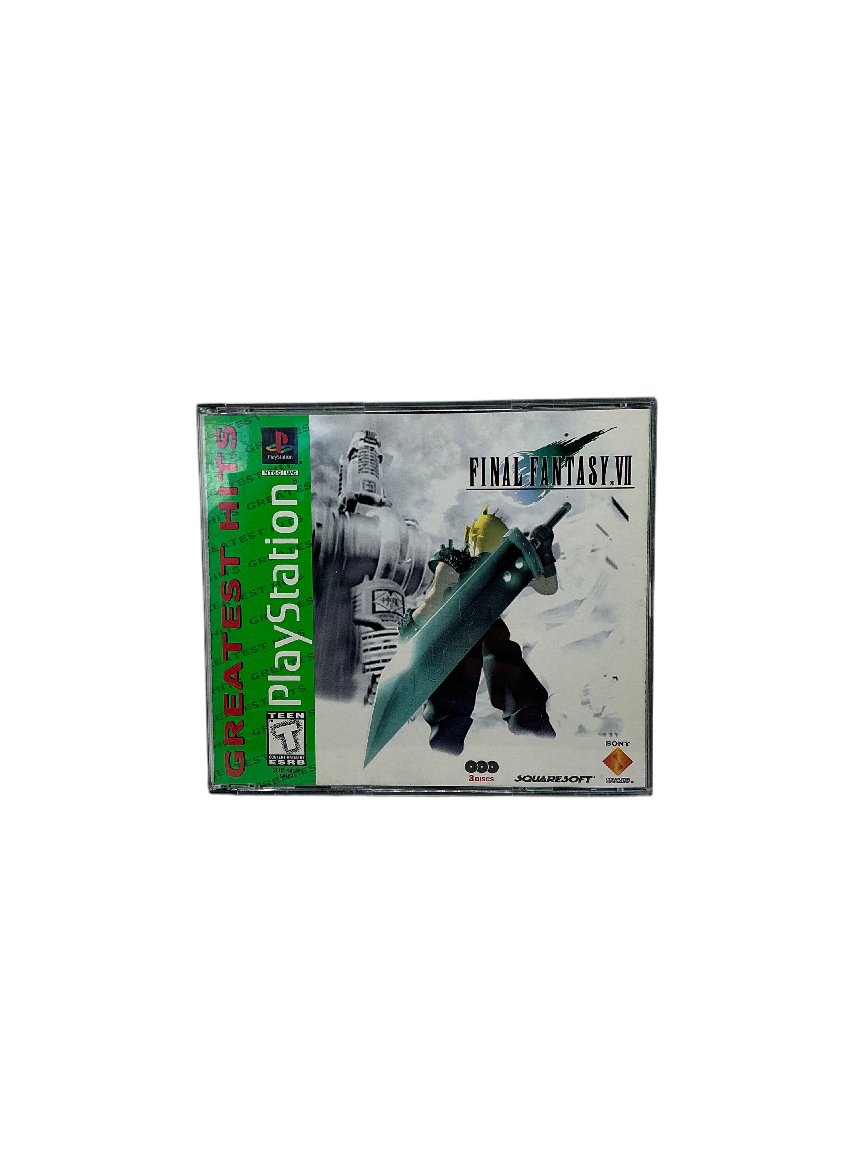 Front cover of Final Fantasy VII game disc case featuring art of main protagonist Cloud Strife and his overlarge sword. Greatest Hits edition denoted by the green bar on the left side of the case.