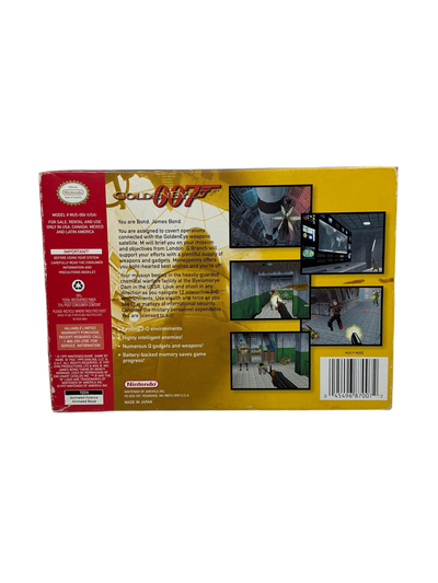 Back view of Goldeneye 007 video game box with branding on a transparent background.