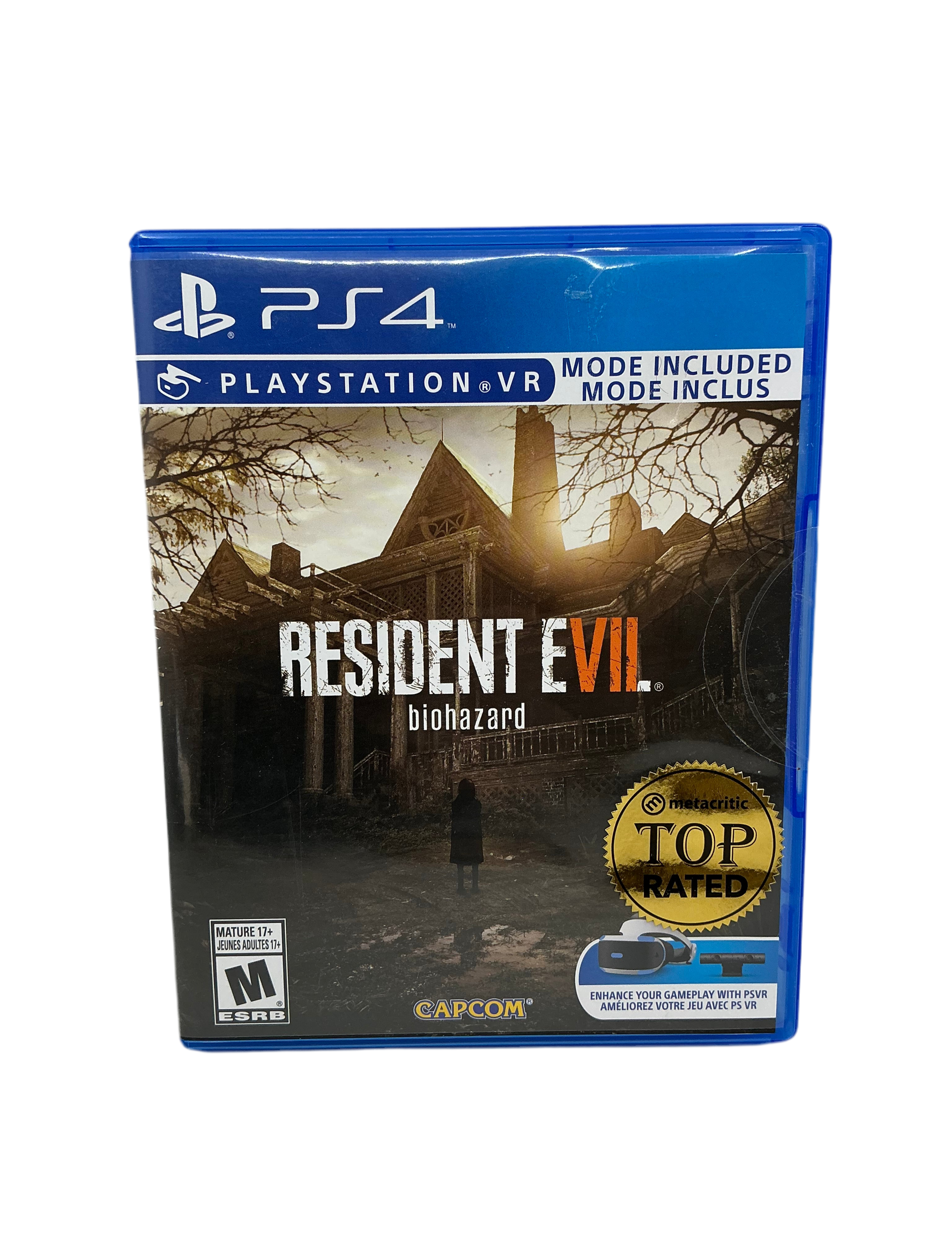 PlayStation 4 game case for 'Resident Evil 7' with a top-rated seal on a white background