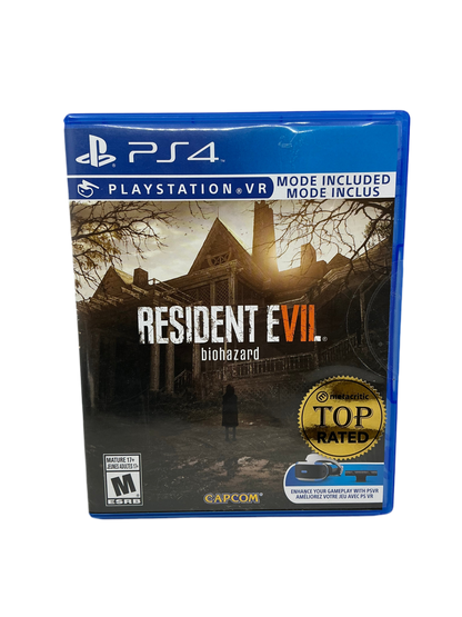 PlayStation 4 game case for 'Resident Evil 7' with a top-rated seal on a white background
