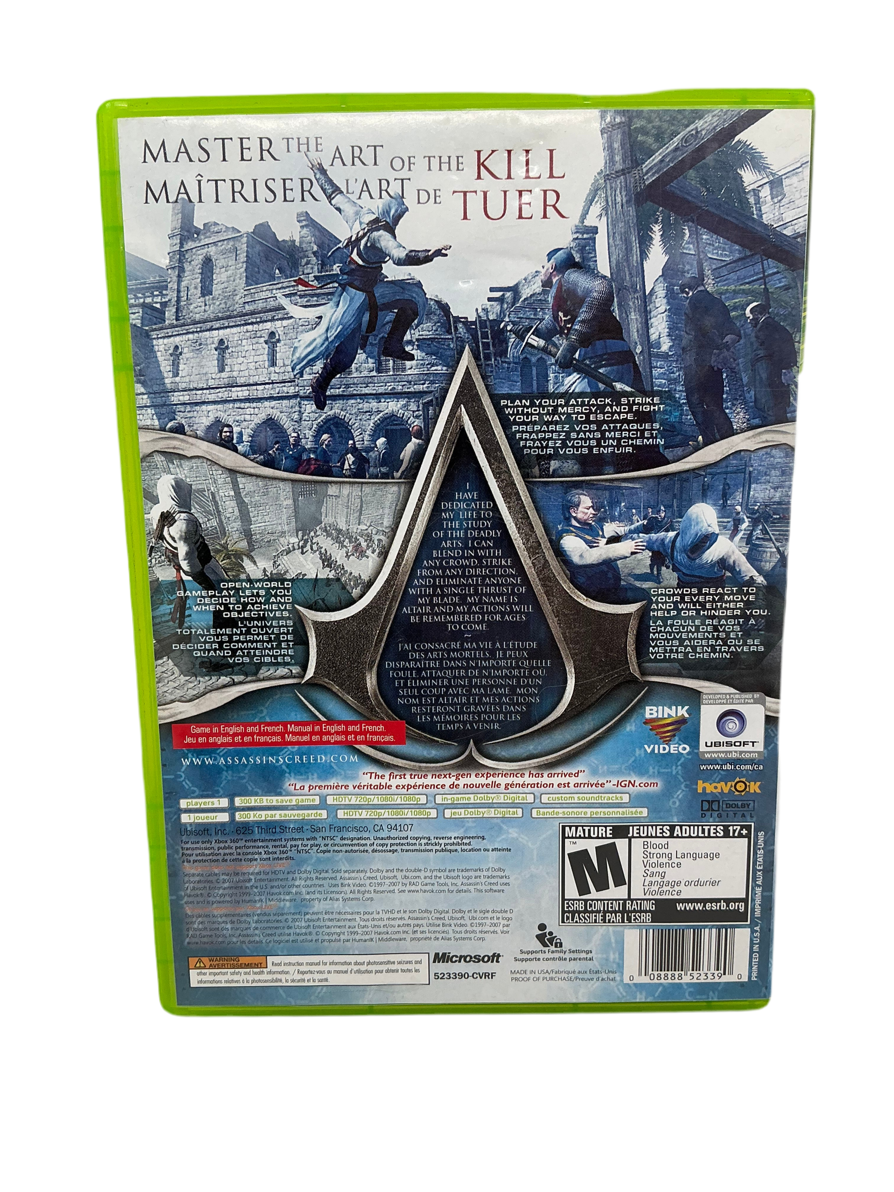 Back of Assassin's Creed video game case with action scenes and branding