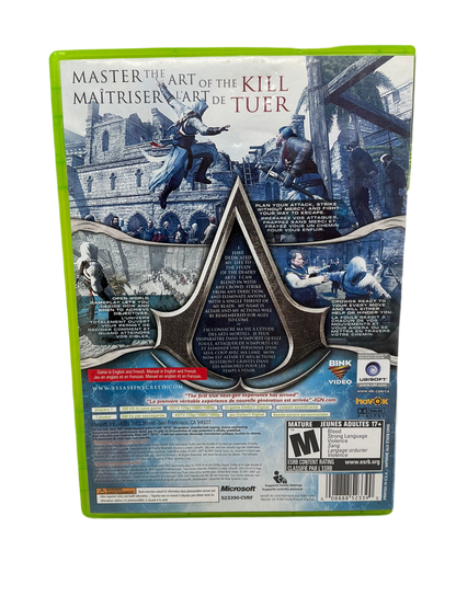 Back of Assassin's Creed video game case with action scenes and branding
