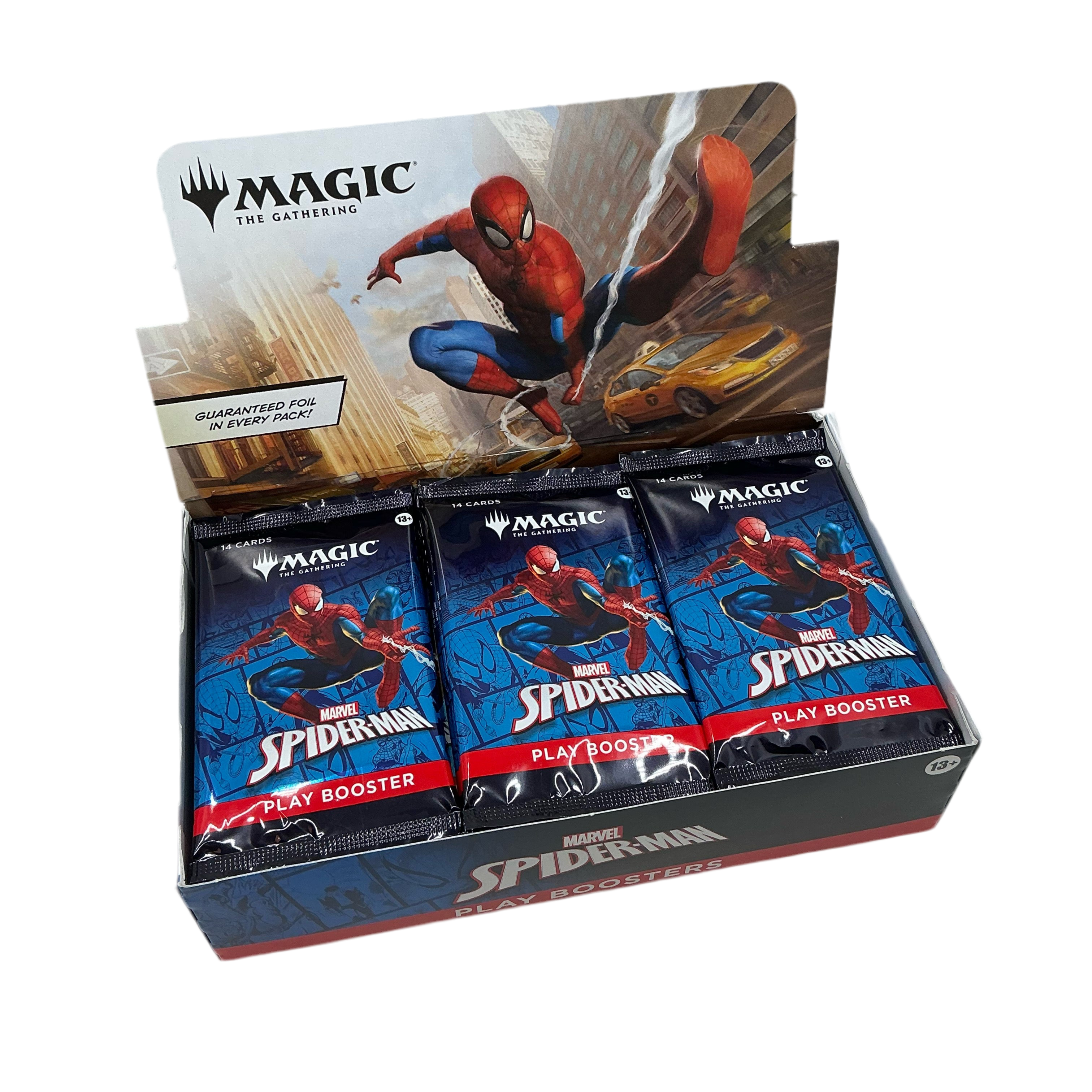 An open booster box of Magic the Gathering: Marvel’s Spider Man trading cards.