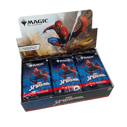 An open booster box of Magic the Gathering: Marvel’s Spider Man trading cards.