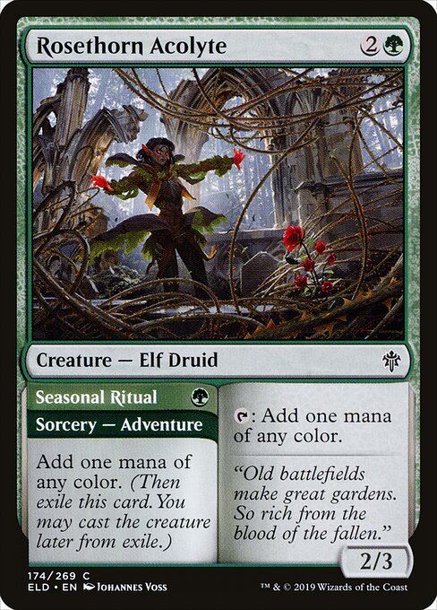 Rosethorn Acolyte // Seasonal Ritual card from the Throne of Eldraine set