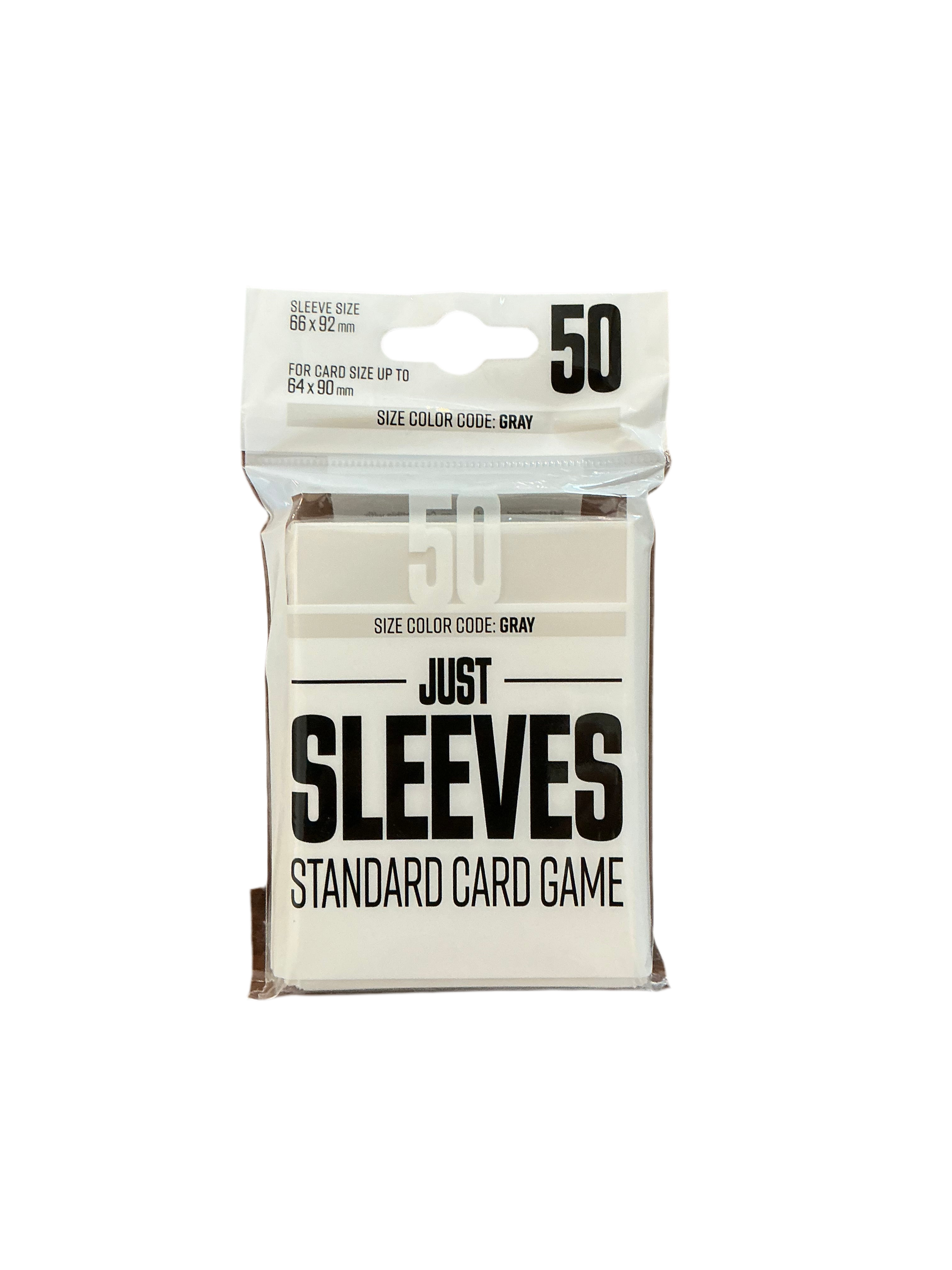 A wrapped sealed pack of trading card sleeves from the Just Sleeves brand. Contains 50 pale grey sleeves.
