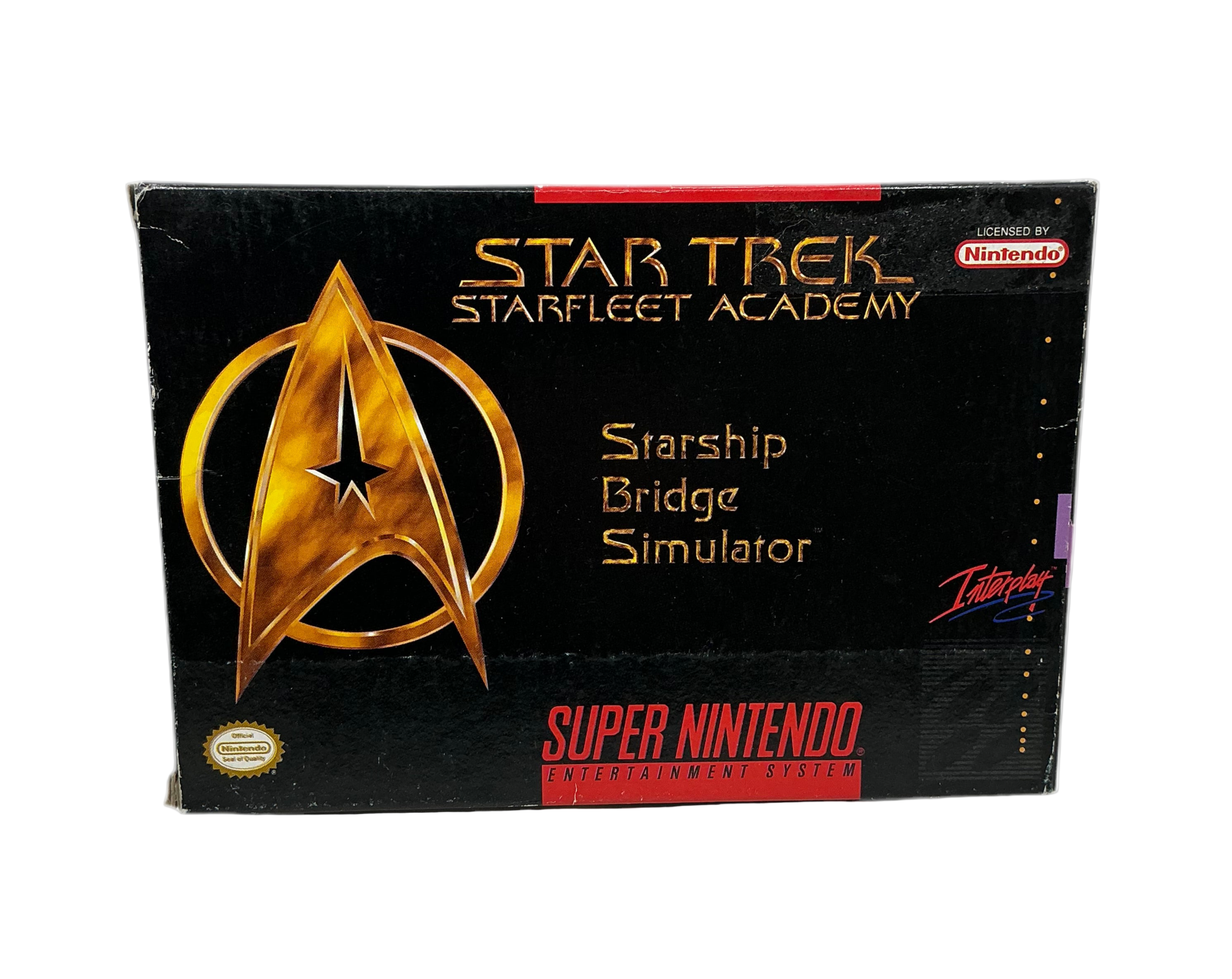 Super Nintendo 'Star Trek Starfleet Academy' game box with Star Trek logo.
