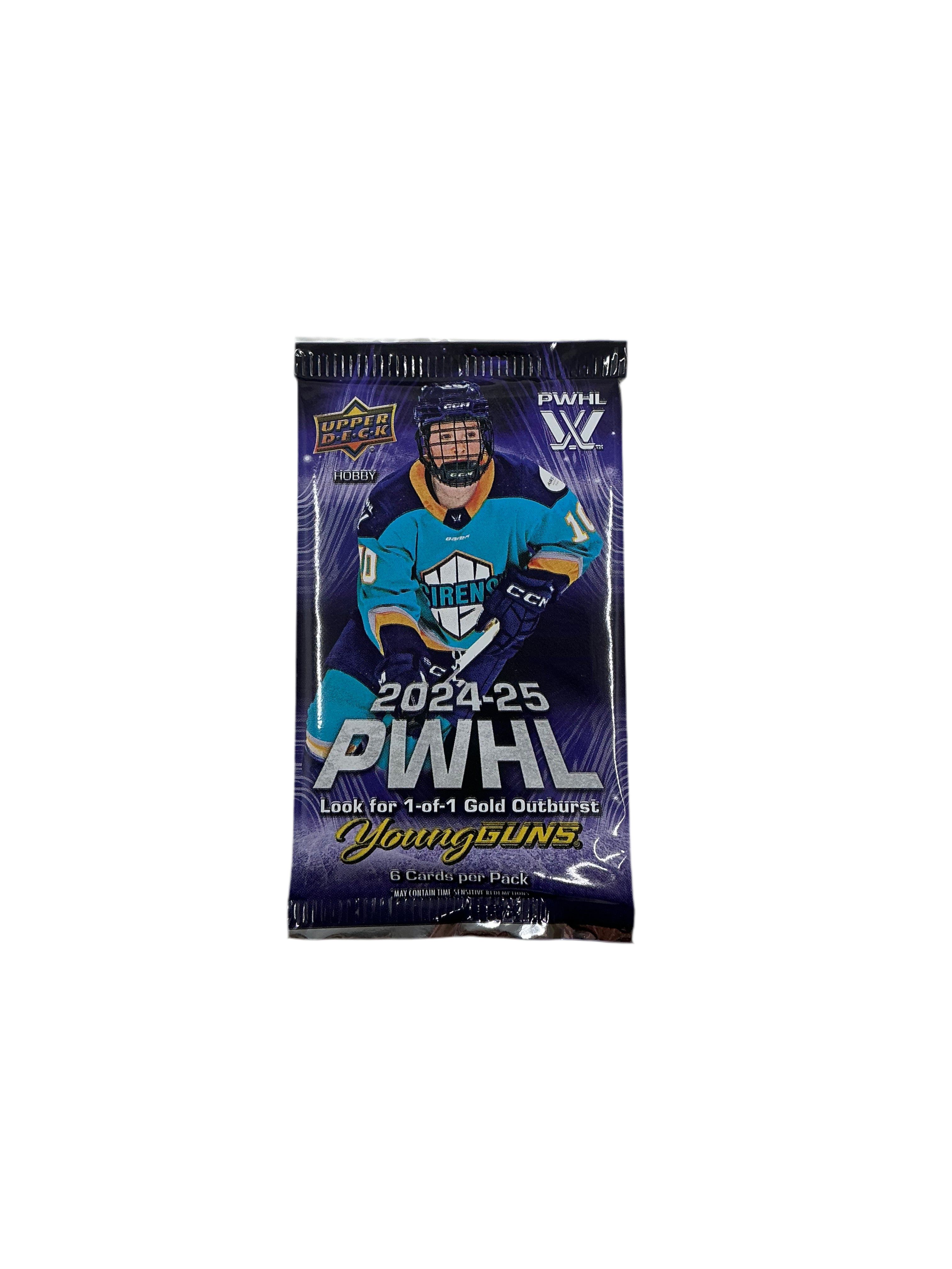 A booster pack of trading cards featuring a hockey player and the text 2024-2025 PWHL. 