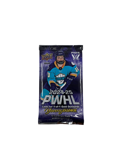 A booster pack of trading cards featuring a hockey player and the text 2024-2025 PWHL. 
