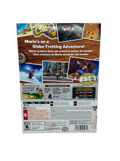 Back of cardboard box containing Super Mario Odyssey for Nintendo Switch.