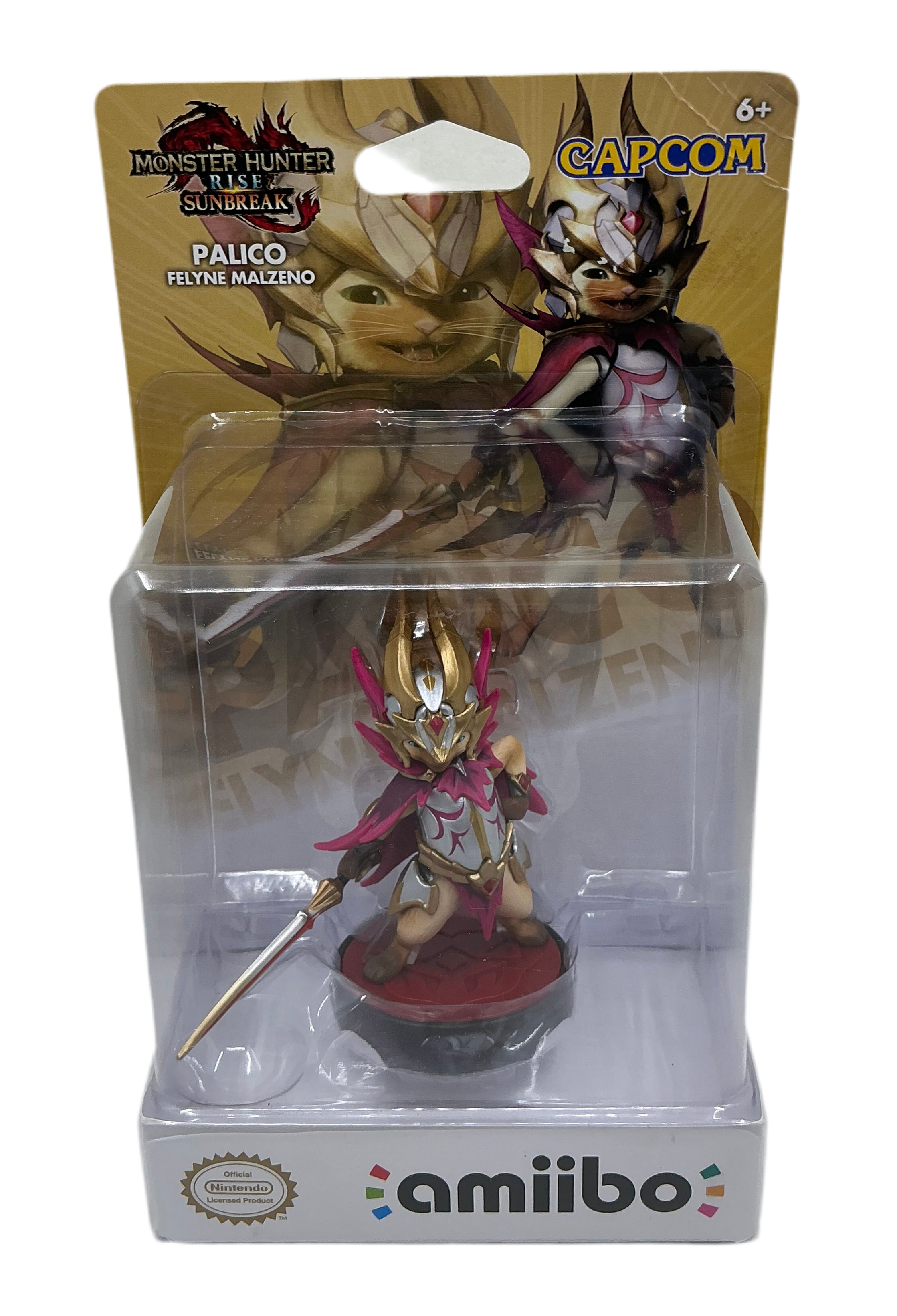 Monster Hunter Sunbreak Palico amiibo figure in packaging with Capcom branding