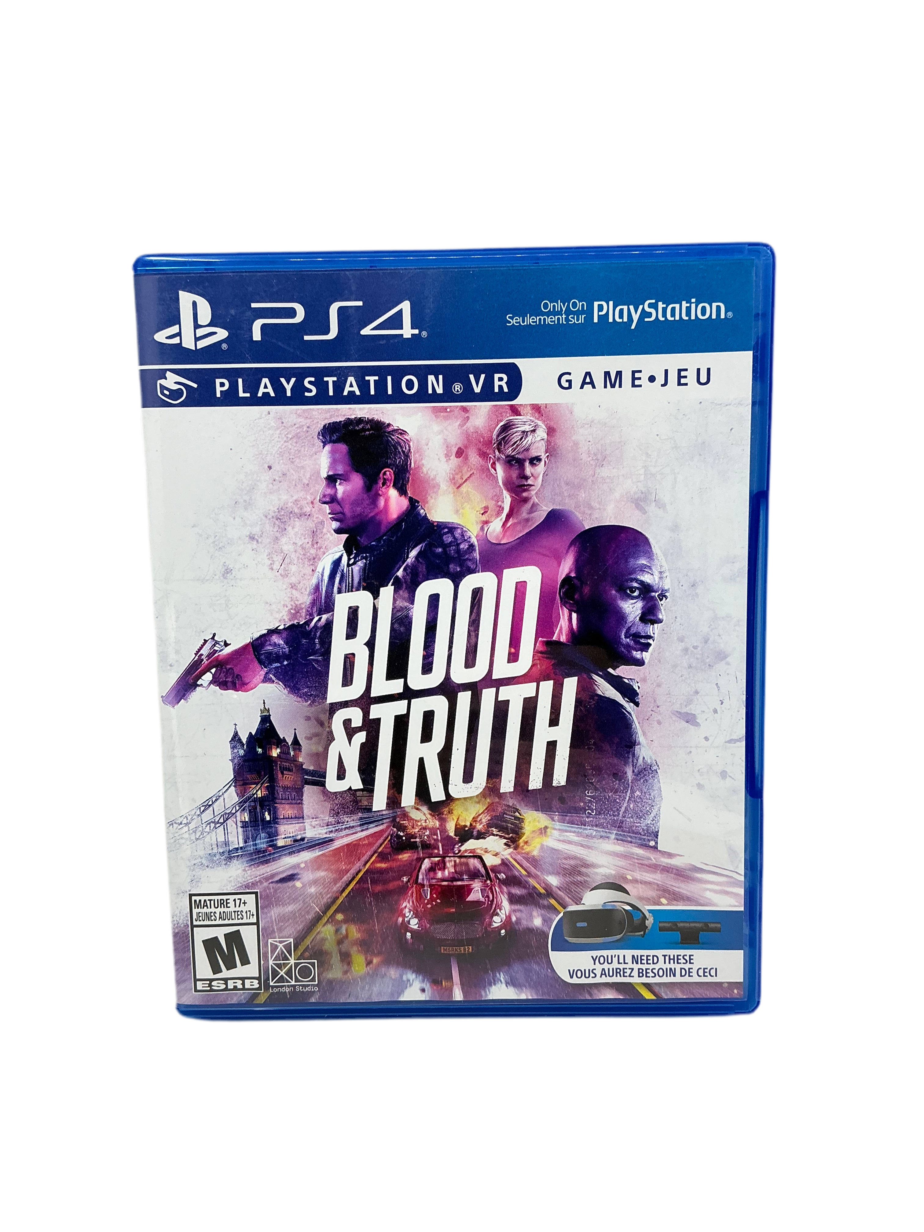 PlayStation 4 game case for 'Blood & Truth' with three characters on a white background